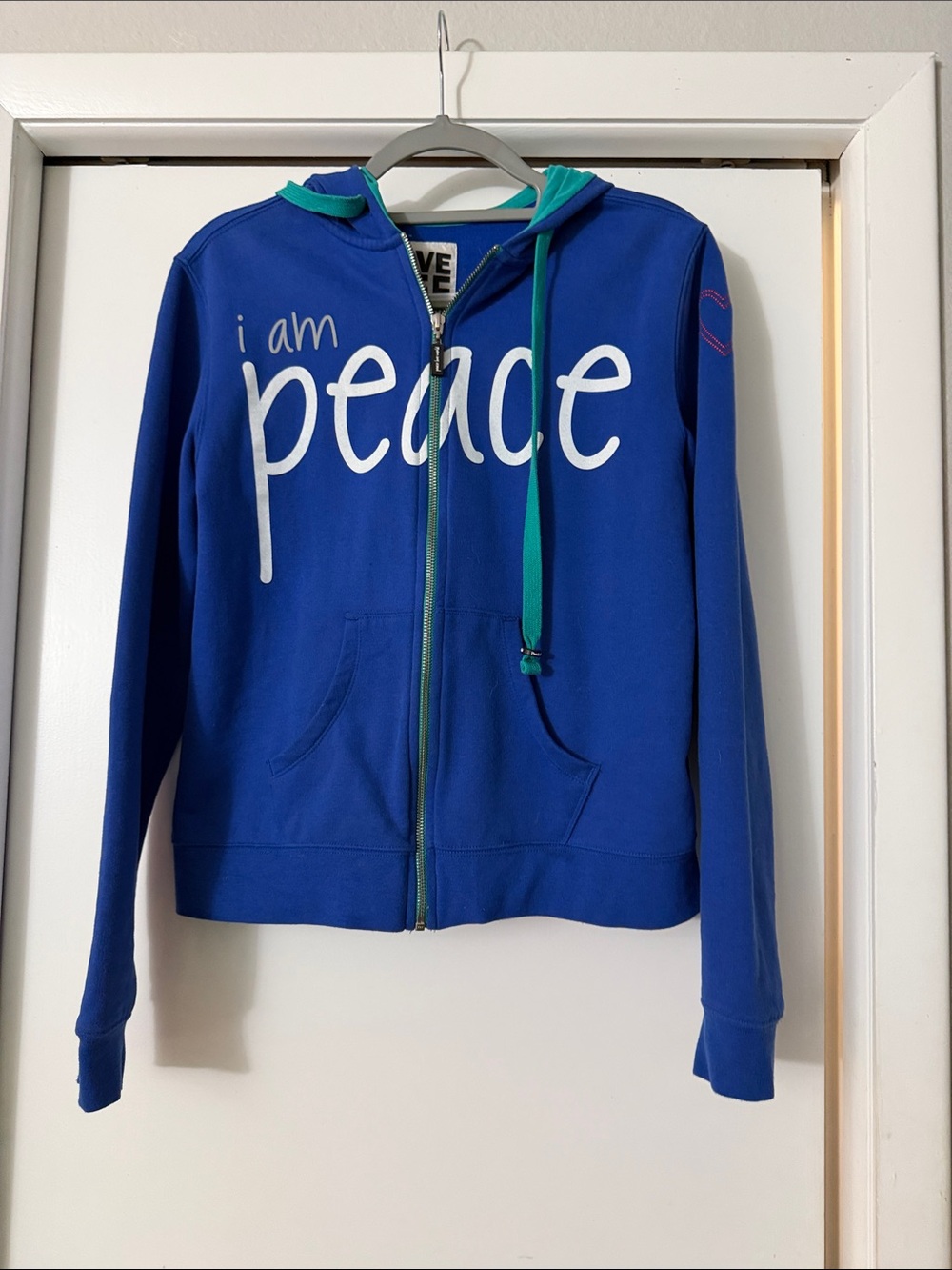 Blue 'I Am Peace' Zip Hoodie with Teal Accents